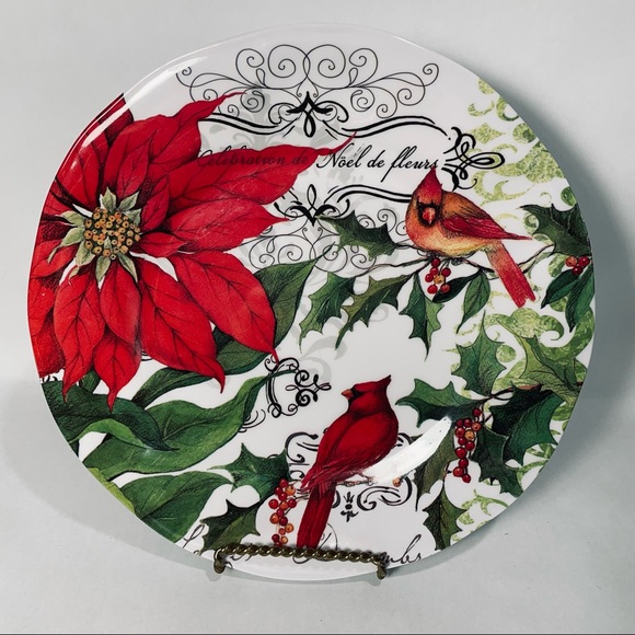 Poinsettia cardinal Christmas melamine dinner plates set of 4 - Picture 1 of 10